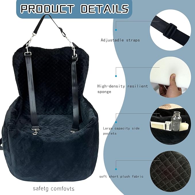 Small Car Seat & Dog Bed - Memory Foam Sponge Cushion - Up To 35 lbs - Washable & Storage Pockets