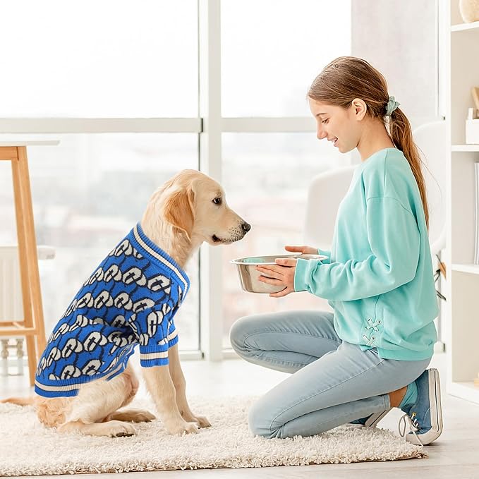 Dynamic Letter Patterned Button Cardigan Dog Sweaters,Boys' Dog Sweater,Girls' Dogs Sweaters,Knitted Pet Clothes,Pet Clothing,Fit for Kinds of Dogs and Different Seasons (Blue M)