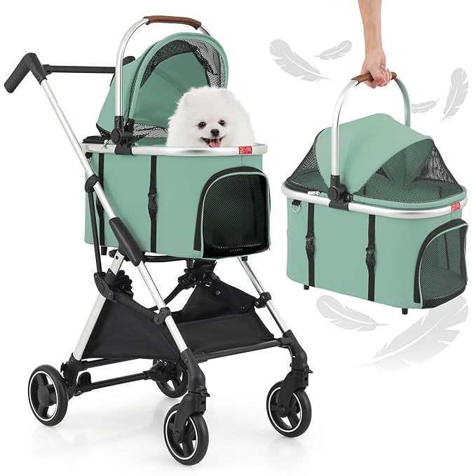 MoNiBloom Pet Stroller for Small/Medium Dogs w/Detachable Carrier & Lightweight Aluminum Frame, Folding Jogging Travel Stroller, Mint Green
