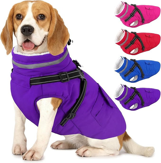 Dogcheer Dog Coat with Harness, Waterproof Dog Jacket Christmas Puppy Winter Coat with Pockets, Reflective Doggy Winter Jacket Soft Pet Snow Jacket for Small Medium Large Dogs - Purple, XL