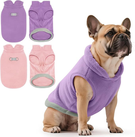 Idepet 2 Pack Dog Fleece Vest Sweater Warm Pullover Jacket with D-Ring Leash Reflective Winter Coat Hoodie for Small Medium Dogs Puppy Cat Pet Clothes (Purple&Pink, X-Large-French Bulldog)