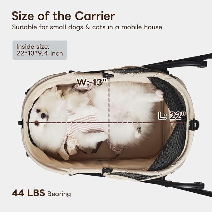 【One-Pull Open Ver.】 PETTENA Dog Stroller for 2 Dogs, One-Touch Foldable Dog Stroller for Small/Medium Dogs Cats up to 44 Lbs, Khaki