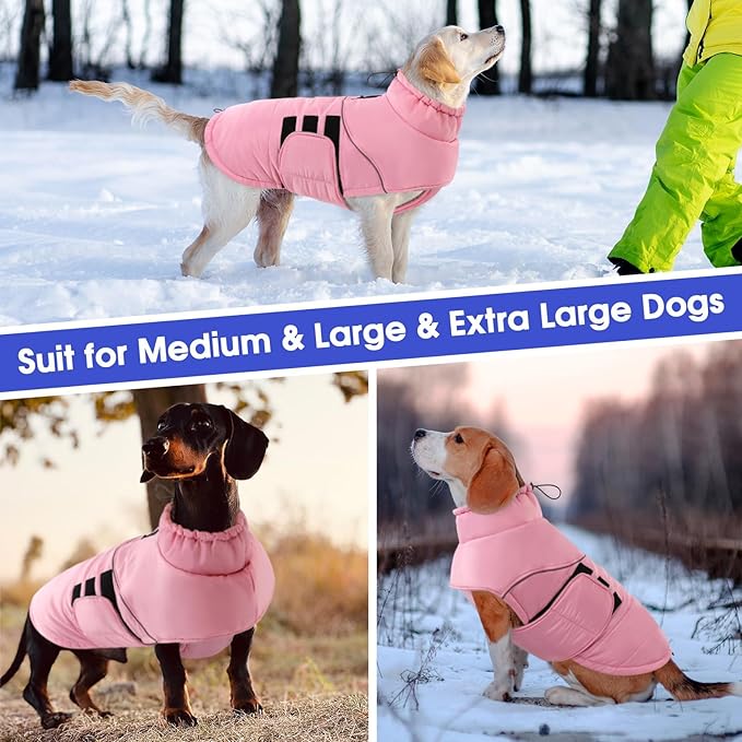 ASENKU Extra Warm Dog Coat with Fleece, Reflective Puffer Jacket, Adjustable with Zippered Leash Hole for Large Dogs, Winter Clothes (Pink, 2XL)
