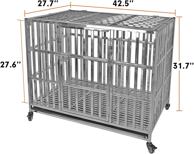 42" Stainless Steel Dog Crate Pet Kennel Foldable Dog Kennels Dog Cage Pet Playpen with Lockable Wheel, Tray for Medium and Large Dogs