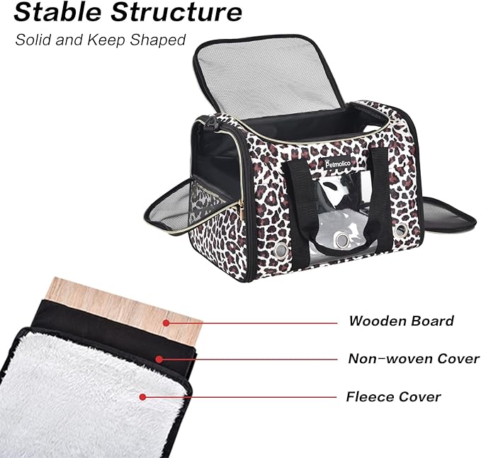 Petmolico Cat Carrier Soft-Sided Pet Bag for Small Medium Cats Puppies 16LBs - Airline Approved Pet Travel Carrier 3 Open Doors (Medium,Leopard)