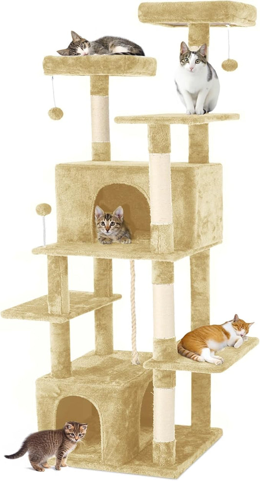 69-Inch Tall Cat Tree with Huge Condos, Multi-Functional Cat Tower with Top Perches, Scratching Posts, Pompoms, for Climbing, Lounging and Playing (Beige)