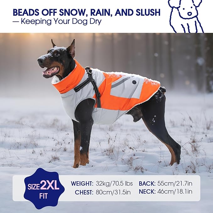 FUAMEY Dog Winter Jackets for Large Dogs,Dog Coat with Harness Built in,Waterproof Dogs Snowsuits Warm Pet Jacket Zip Up Fleece Cold Weather Coats Reflective Puppy Vest with Pocket Orange 2XL