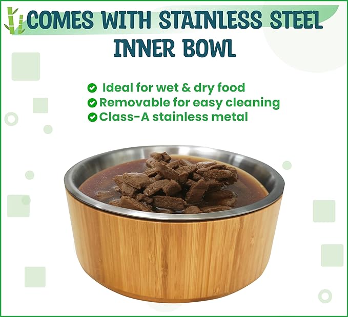 Elevated Dog Bowls Large Breed - (15-Inch, 74-oz Cap) - Raised Single Dog Food Station, Suitable for Dry/Wet Pet Foods, Deter Ants/Bugs - Bamboo with Stainless Dish and Tall Stand