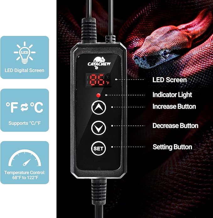 Reptile Heat Pad with Dimming Thermostat, 8" X 12" 16W Heating Pad Combo Set for 30-40 Gallon Reptile Tank, Under Tank Heater for Reptiles, Turtle, Snake, Lizard, Hermit Crab, Frogs, Seed