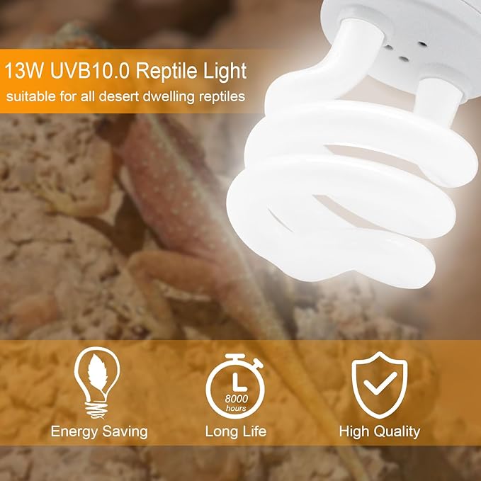UVB Light Bulb for Reptiles, 13W 10.0 UVA UVB Heat Lamp Bulbs Ideal for Rainforest Reptiles, Bearded Dragons Lizard Turtle Tortoise Iguanas Chameleons Snake (2 Pack)