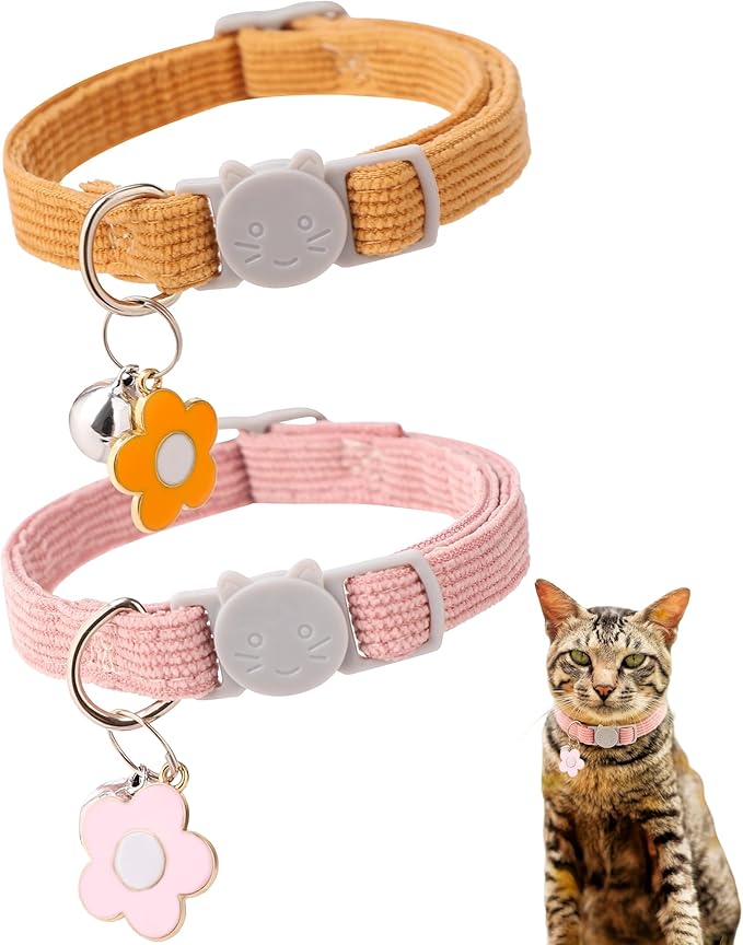 2 Pack Cat Collar with Bells, Corduroy Adjustable Kitten Collars with Breakaway Safety Buckle for Boy Girl Cats-Orange Pink