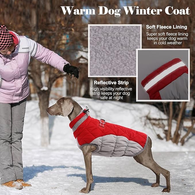 Lelepet Dog Coat Warm Dog Winter Coat Waterproof Dogs Jacket with Harness Built in Reflective Pet Fleece Vest Zip-Up Cold Weather Coats for Large Dogs Turtleneck & Windproof Coats Boxer Red XL