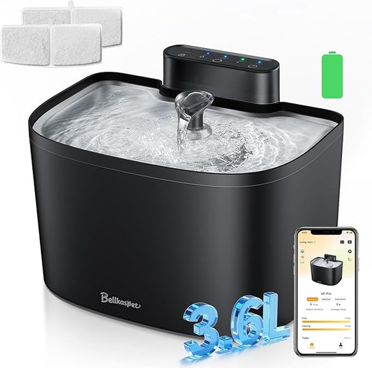 Cat Water Fountain, App Control Cat Fountain, 122oz/3.6L Pumpless Water Fountains for Cats Indoor with Stainless Steel Tray, Wi-Fi Dog and Pet Water Fountain (Black, Fountain+2 Fliters)