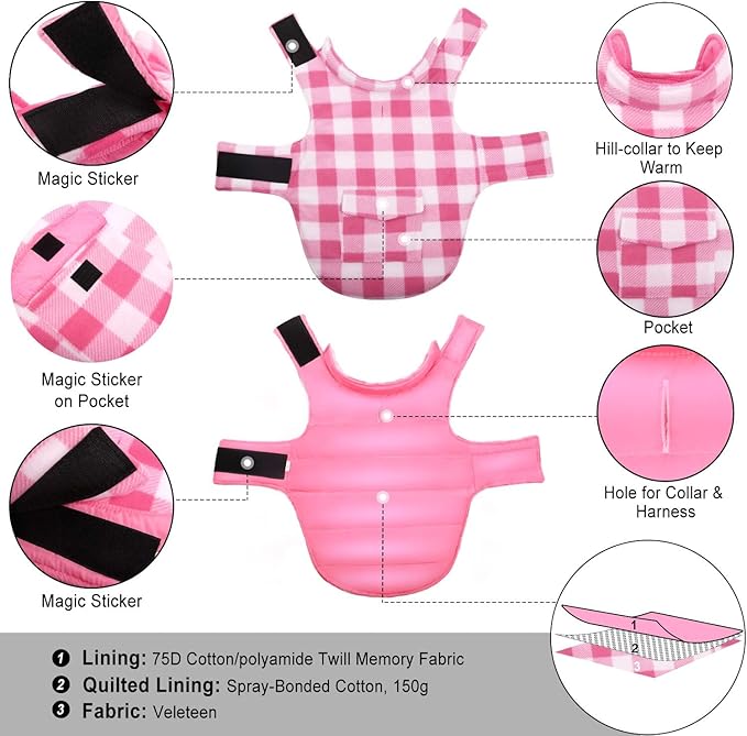 ASENKU Dog Winter Coat, Fleece Doggie Jacket Plaid Reversible Vest Waterproof Windproof Cold Weather Clothes for Small Medium Large Dogs (Pink, XL)