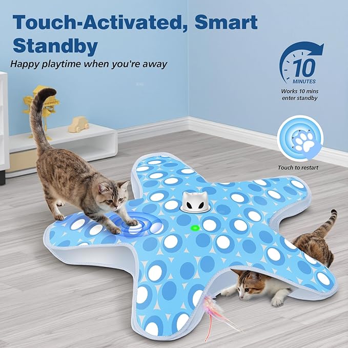 Interactive Cat Toys for Indoor Cats, Rechargeable Hide and Seek Cat Toy with Moving Concealed Feathers, Touch Activated Kitten Toys Cat Exercise Toys, Blue White Cover