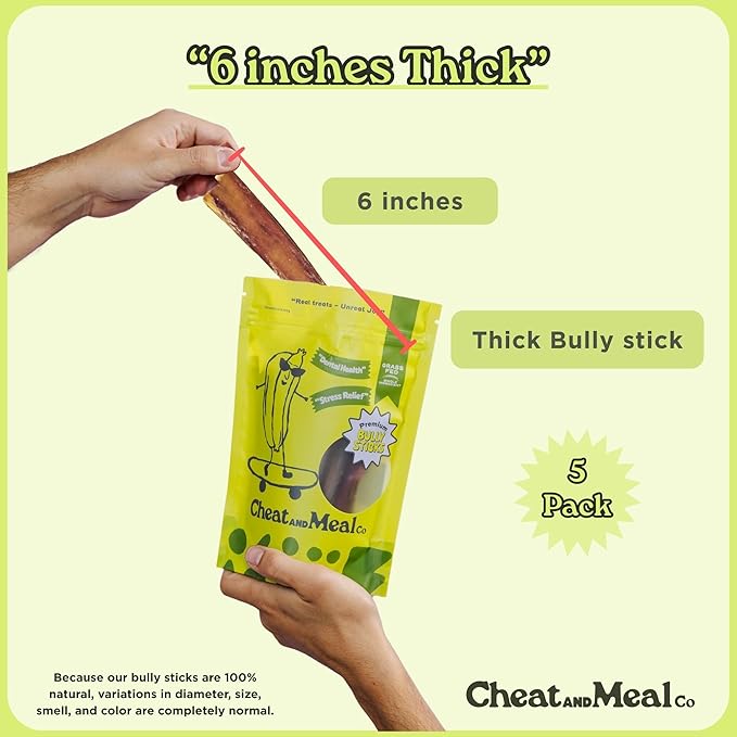 Thick Bully Sticks for Large Dogs - [6 Inch, 5 Pack] - Ultra Durable, Long-Lasting Beef Pizzle Chews for Aggressive Chewers - Natural, Grass-Fed, Rawhide-Free, Grain-Free