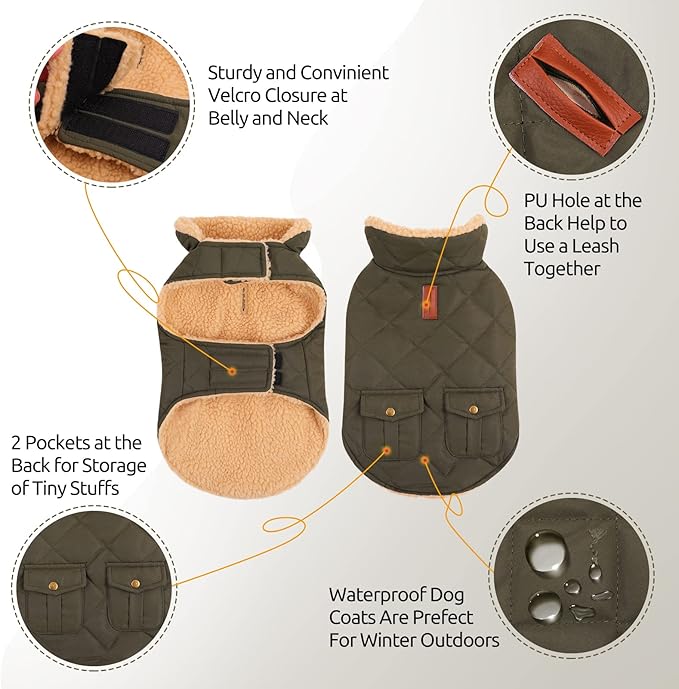 Queenmore Warm Dog Coat, Cold Weather Puffer Dog Coat, Quilting Winter Dog Jacket Ultra Thick Plush Lining with Storage Pockets (Green, X-Small)