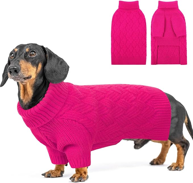 SUNFURA XS Dog Sweater, Small Dog Sweater Doggie Knitted Knitwear for Winter, Cat Pullover Christmas Sweatshirt for Yorkie Chihuahua, Warm Thick Turtleneck Clothes for Puppy, Hot Pink X-Small