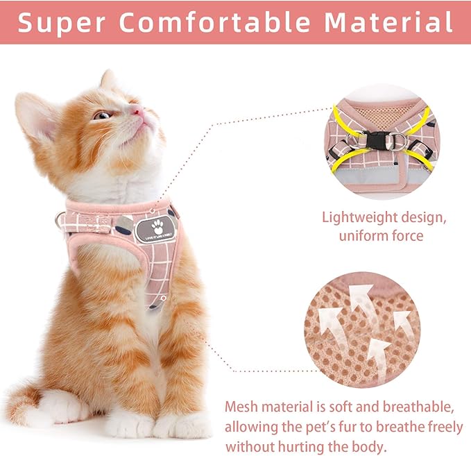 Cat Vest Harness and Small Dog Vest Harness for Walking, All Weather Mesh Harness, Cat Vest Harness with Reflective Strap, Step in Adjustable Harness for Small Cats (Pink-Pattern)