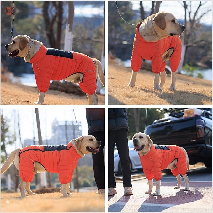 Lovelonglong Dog Coat Dog Warm Jacket, 4 Legs Covered Waterproof Windproof Reflective Warm Dog Vest, Zippered Adjustable Outdoor Dog Snow Jacket for Small Medium Large Dogs Orange XXXXL