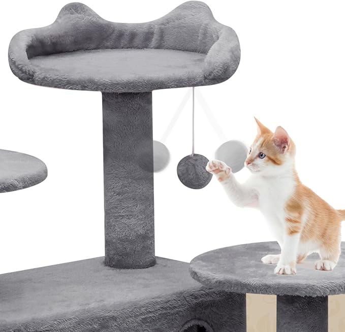 Athena Collection Modern Cat Tree Tower, 60 Inch Tall Cat Tree Climbing Tower with Scratching Post 2 Condo Multi-Level Activity Center and Playing Ball for Indoor Large Adult, Dark Grey