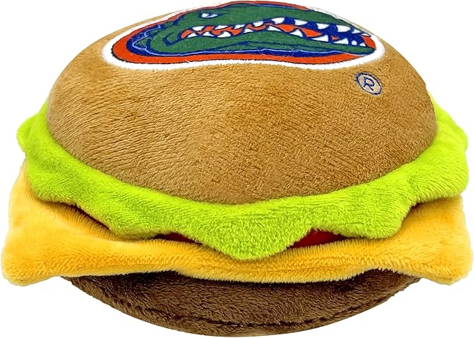 NCAA Florida Gators Cheeseburger Plush Dog & CAT Squeak Toy- Cutest Stadium Hamburger Snack Plush Toy for Dogs & Cats with Inner Squeaker & Beautiful Football/Basketball Team Name/Logo