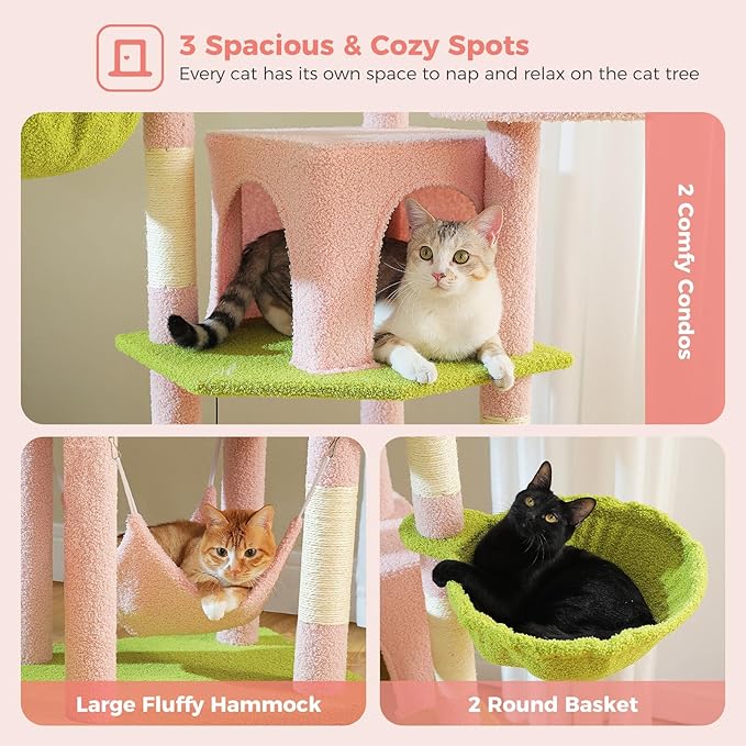 Tall Pink Cat Tree for Indoor Cats Large Adult, 71.2" Multi-Level Cat Tower with 2 Spacious Condos, 3 Hammocks, Super Large Top Perch, 2 Pompoms