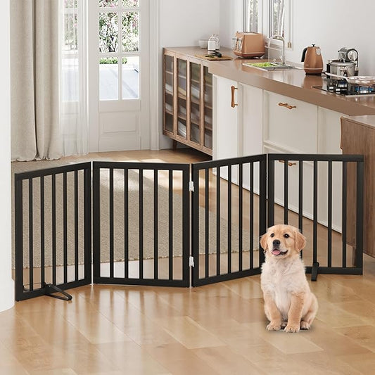 Dog Gate, Freestanding Dog Gates for Doorways, Foldable Dog Gate Indoor, Pet Gates for Doorways Bedroom, Puppy Gate with Metal Support Feet, Room Divider 4 Panels (Black)