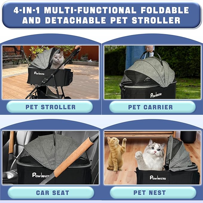4 Wheels Pet Stroller 4 in 1 Pet Stroller with Detachable Carrier for Small & Medium Dogs Cats up to 55 lbs Easy-Folding Travel Dog Wagon with Car Seat Breathable Mesh,White Cartoon