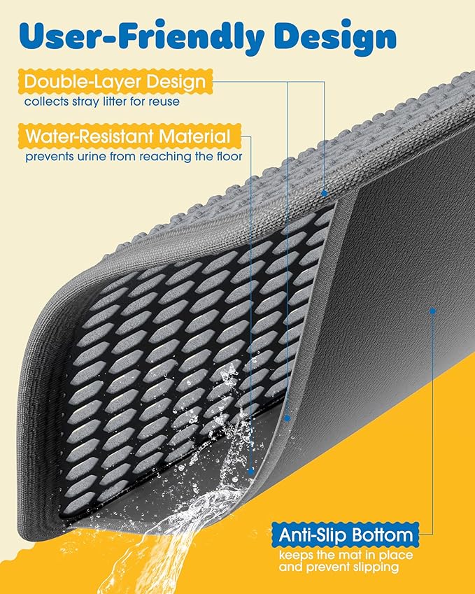 Cat Litter Mat - 46'' x 35'' Small Litter Trapping Mat, Easy to Clean Litter Box Mat, Waterproof, Urine-Proof, Non-Slip Kitty Litter Mats for Floor, Grey
