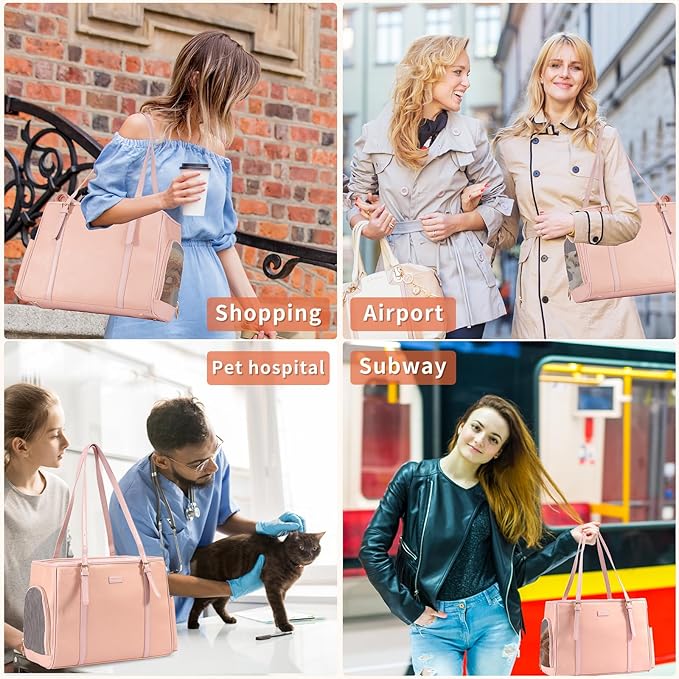 Fashion Dog Purse Pet Carrier Leather Bag for Small Dogs Cats Puppy, Portable Tote Bag Airline Approved Soft-Sided Carriers (Pink)