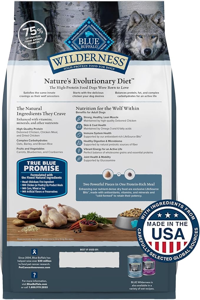 Blue Buffalo Wilderness High Protein Natural Adult Dry Dog Food plus Wholesome Grains, Chicken 13 lb bag