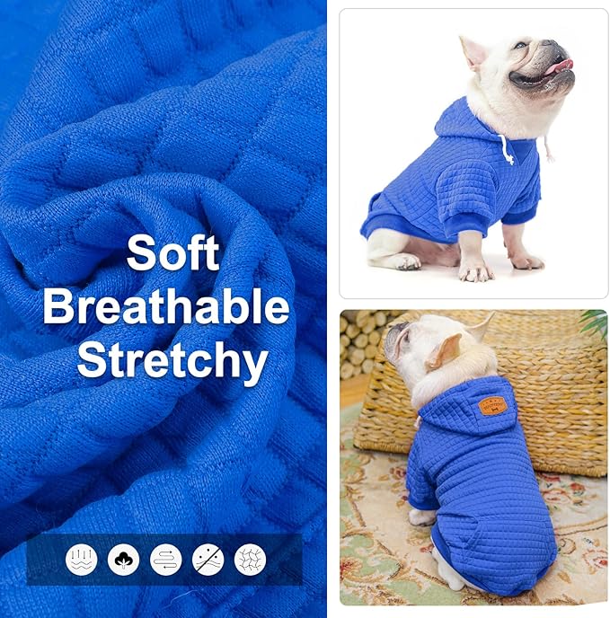 BEAUTYZOO Medium Dog Hoodie Sweater with Pockets, Dog Clothes for Small Medium Dogs Boy Girl, Waffle-Like Laminated Cotton Pet Coats with Hat and Leash Hole, Blue XL