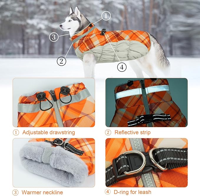 Lelepet Dog Coat Warm Dog Winter Coat Waterproof Dogs Jacket with Harness Built in Reflective Pet Fleece Vest Zip-Up Cold Weather Coats for Medium Dogs Turtleneck & Windproof Dachshund Orange Plaid M