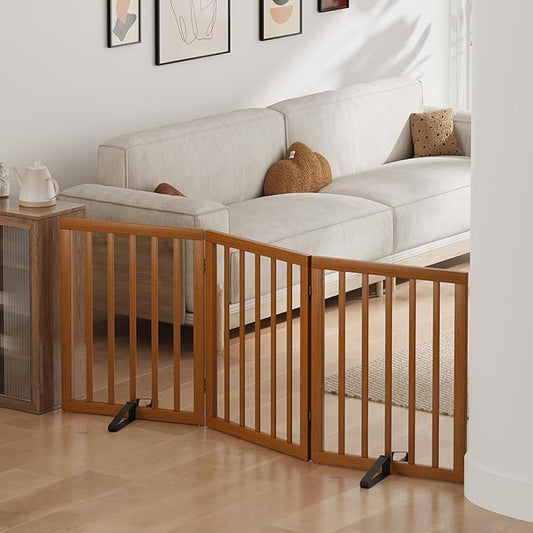 Dog Gate, Freestanding Dog Gates for Doorways, Foldable Dog Gate Indoor, Pet Gates for Doorways Bedroom, Puppy Gate with Metal Support Feet, Room Divider 3 Panels (Walnut)