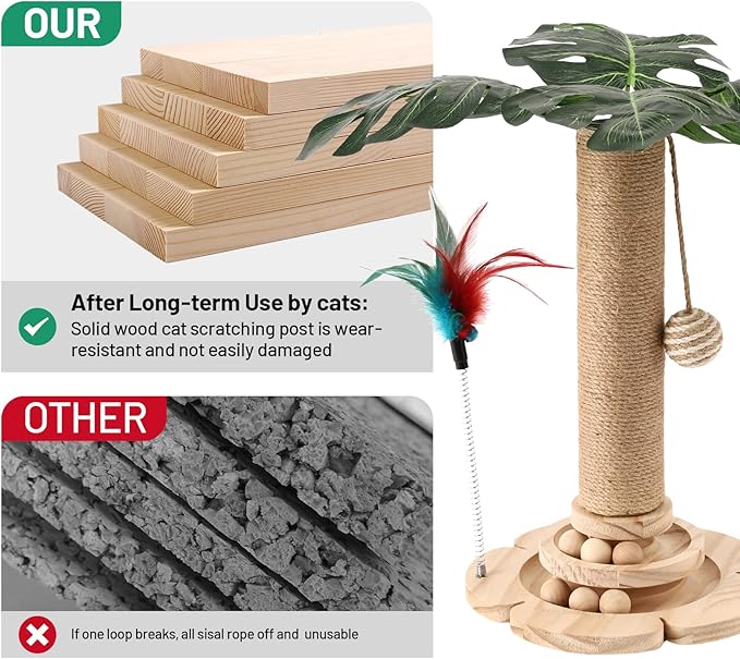 Cat Scratching Post for Indoor Cat Sisal Kitten Scratching Post with 3D Leaves,Hanging Ball,Wooden 2 Level Track,Interactive Toy