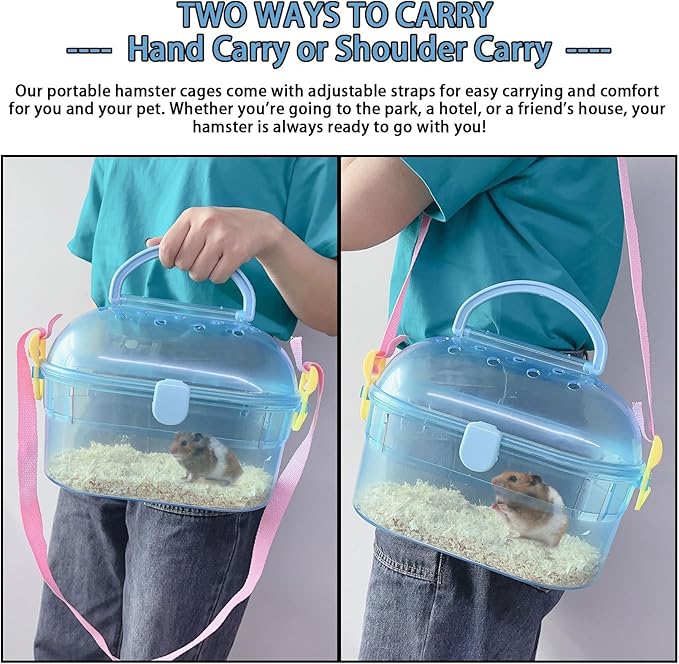 Portable Hamster Cage Syrian Hamster Carry Travel Cage with Water Bottle Food Bowl Adjustable Strap Pet Outgoing Cages for Gerbil Squirrel Guinea Pig Hedgehog Chinchilla
