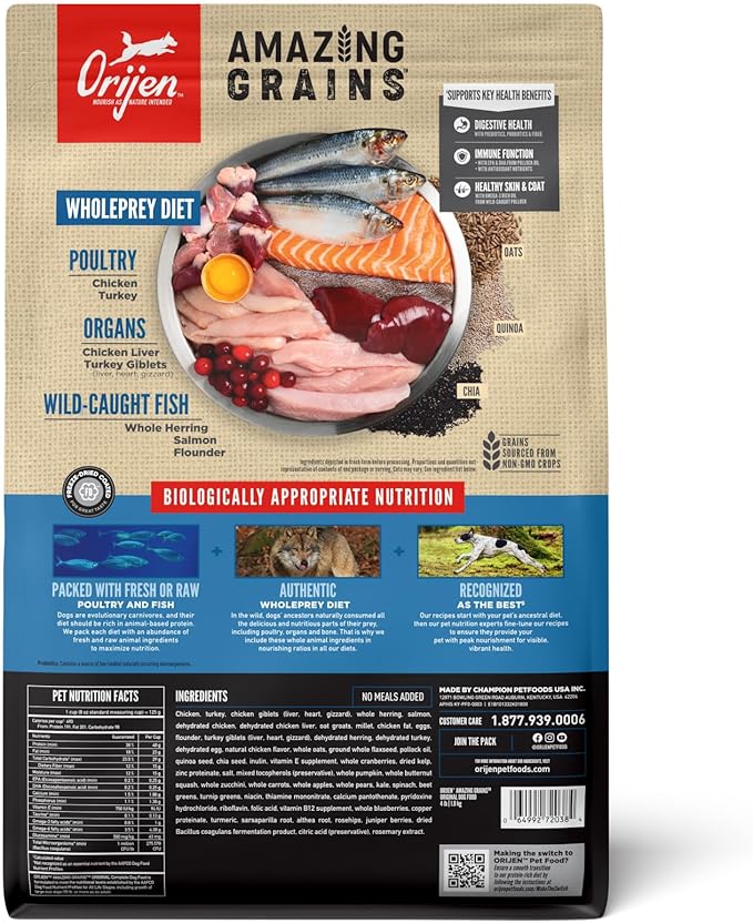 ORIJEN Amazing Grains High Protein Dry Dog Food Original Recipe 4lb Bag