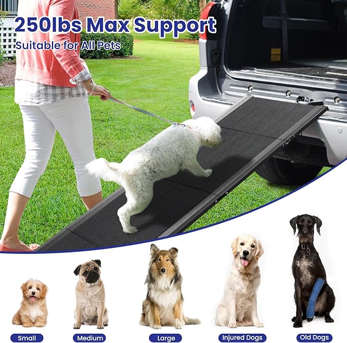 Dog Ramp for Car, 67" L x 20" W Extra Wide Folding Dog Ramp, Pet Ramp with Non-Slip Rug Surface, Dog Steps Supports Up to 250 lb, Outdoor Dog Ramp for Car, SUV, Truck