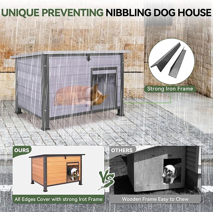Dog House Outdoor with Prevent Chewing Iron Frame, Cat Houses Removable Floor and Open Roof for Dogs,Cats,Rabbits Animals