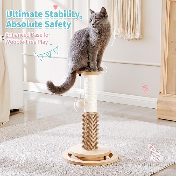 Made4Pets Cat Scratching Post 18" Tall for Small Kittens, 4-in-1 Cat Scratcher with Natural Sisal Ropes, Wooden Turntable Track Toy with Self Grooming Brush, Premium Scratch Pole with Plush Balls