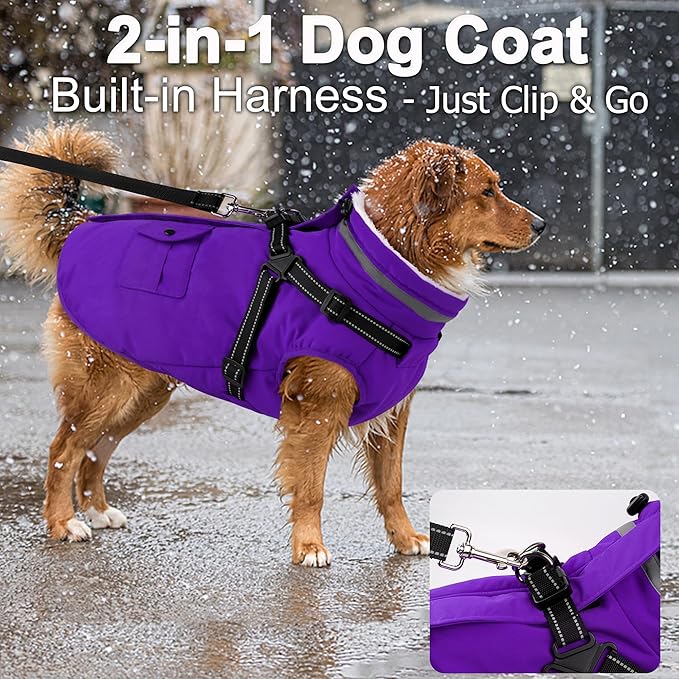 Dogcheer Dog Coat with Harness, Waterproof Dog Jacket Christmas Puppy Winter Coat with Pockets, Reflective Doggy Winter Jacket Soft Pet Snow Jacket for Small Medium Large Dogs - Purple, L