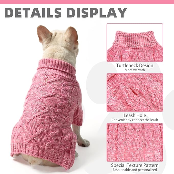 KOOLTAIL Thermal Knitted Dog Sweater for Small Medium Large Dogs, Turtleneck Cable Knit Doggy Winter Coat Warm Clothes Sweatshirt Outfits for Cold Weather,Pullover Pet Jumper for Puppy Cats Pink XL