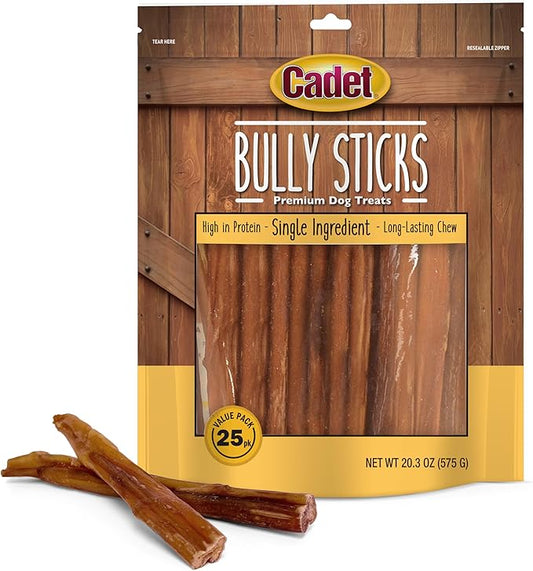 Cadet Bully Sticks for Small Dogs – All-Natural Beef Pizzle, High Protein, Low Fat, Long-Lasting, Grain & Rawhide-Free Dog Chews for Aggressive Chewers, Small (25 Count)