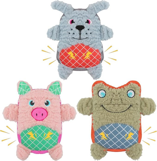 Crinkle Dog Toys Squeaky Plush No Stuffing Cute Puppy Stuffless Tough Rop Pull Toy, Fun Dog Stuffed Animals Durable Chew Set for Small Medium Large Pup (Large, Pink Pig+Green Frog+Blue Dog)
