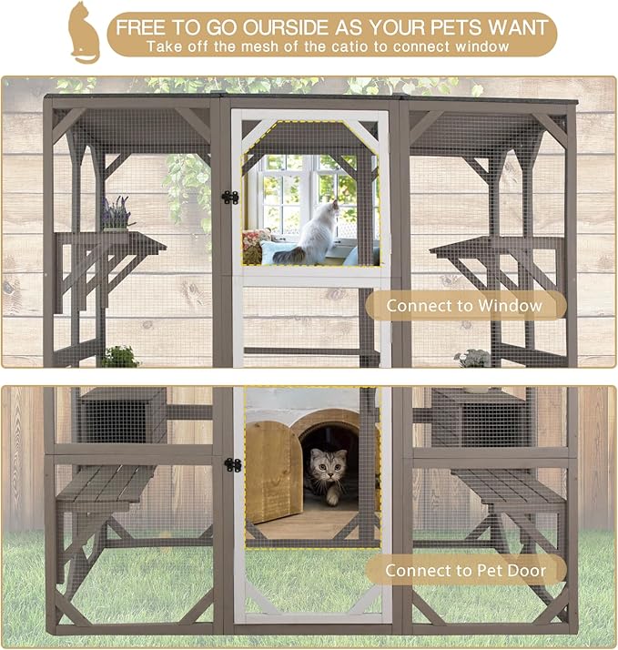 71" Catio Outdoor Cat Enclosure Large Weatherproof Cat House Kitty Cage for Indoor Cats with Multi-Level Platforms, Waterproof Roof, Two-Piece Front-Back Combination