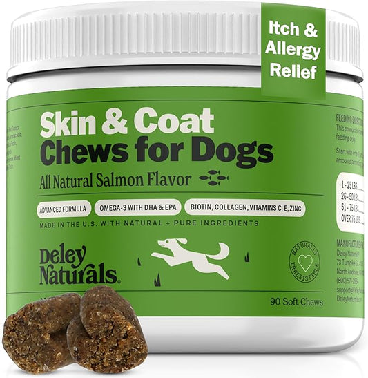 Deley Naturals Dog Allergy Chews - Omega 3 Fish Oil for Dogs with DHA & EPA, Biotin, Collagen, Vitamins C & Zinc for Shiny Coat - Itching Relief Salmon Flavor - Dry Skin Relief for Dogs Made in USA