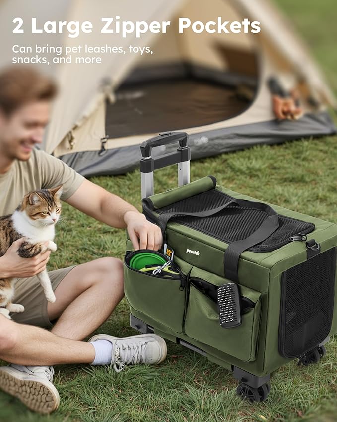 Pecute Cat Carrier with Wheels,Steel Wire Frame Cat Carrier, Stable Pet Trolley for Cats, Pet Handbag and Stroller Bag, Portable Cat Bag for Travel Bus Subway, Green