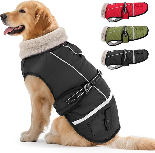 Dog Coat, Dog Winter Coat Jacket Waterproof for XL Large Dogs, Pet Vest Warm Fleece Cozy for Cold Weather, with Harness Built in Reflective, Dogs Snowsuit Windproof, Adjustable Buckle