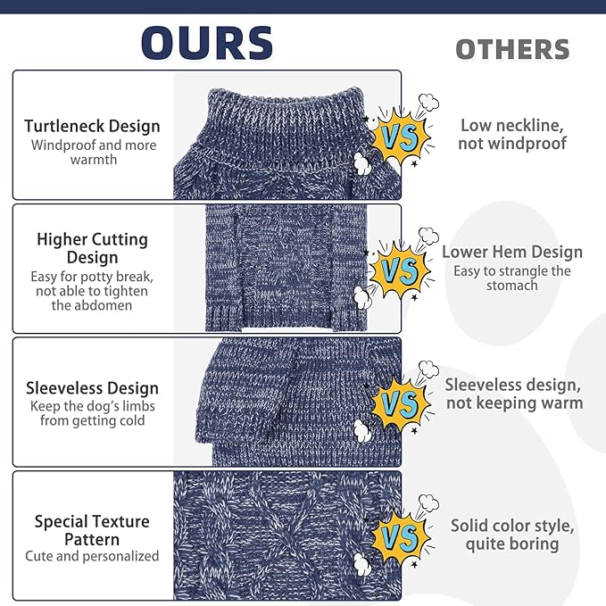 KOOLTAIL Dog Sweater for Large Medium Small Dogs, Fall Dog Sweaters, Turtleneck Cable Knitwear Pet Cold Weather Coats with Leash Hole, Warm Winter Pullover Clothes for Bulldog, Yorkie,Boy Girl,Navy SM